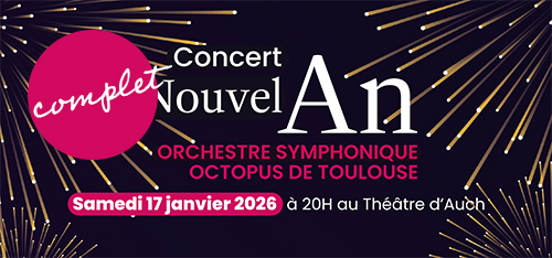 Voir l'agenda en ligne Le texte blanc "Concert Nouvel An" sur fond nuit entouré de feu d'artifice dorés, la date du samedi 26 janvier 2026 surlignée en rouge rose, une pastille rose affiche le texte "complet" en blanc