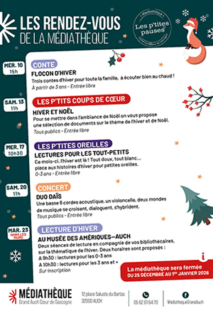 Les petites pauses de la médiathèque Affiche avec les dates et du texte, bleu et blanche, avec un petit renard mignon en haut à droite