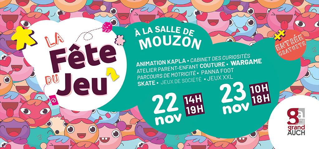 Fond coloré avec petites têtes de personnage amusants, date et lieu de la fête du jeu 2025 à Auch