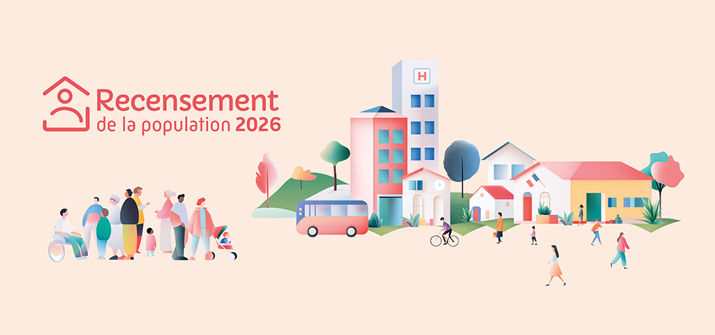 Recensement de la population 2026 Illustration du recensement de la population en 2026, sur fond rose pâle, des groupes de personnes et un décors de ville dans un style aquarelle