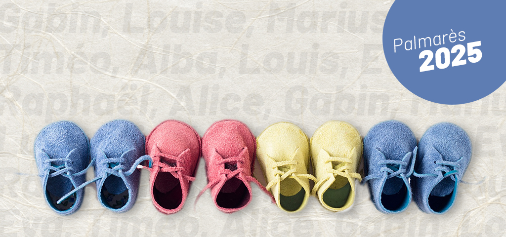 Quatre petites paires de chaussons de bébé couleur pastel vues de dessus sur fond gris pour évoquer le palmarès des prénoms donnés en 2026
